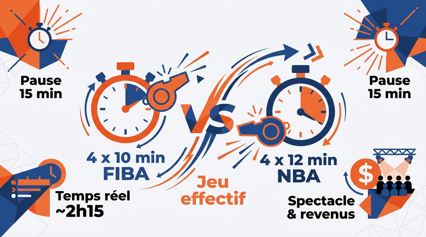 Comparaison visuelle des durées de jeu entre la FIBA et la NBA