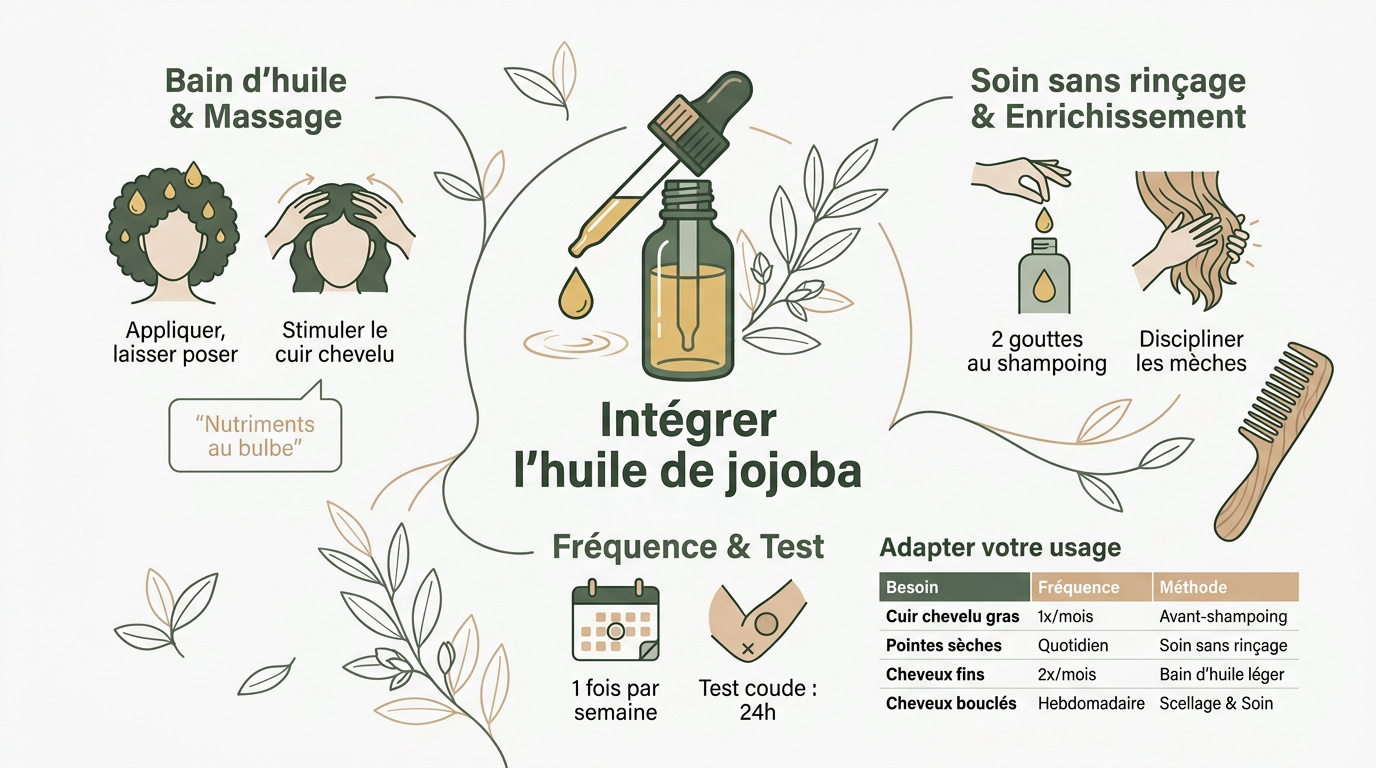 Infographie sur les méthodes d'application de l'huile de jojoba pour les cheveux