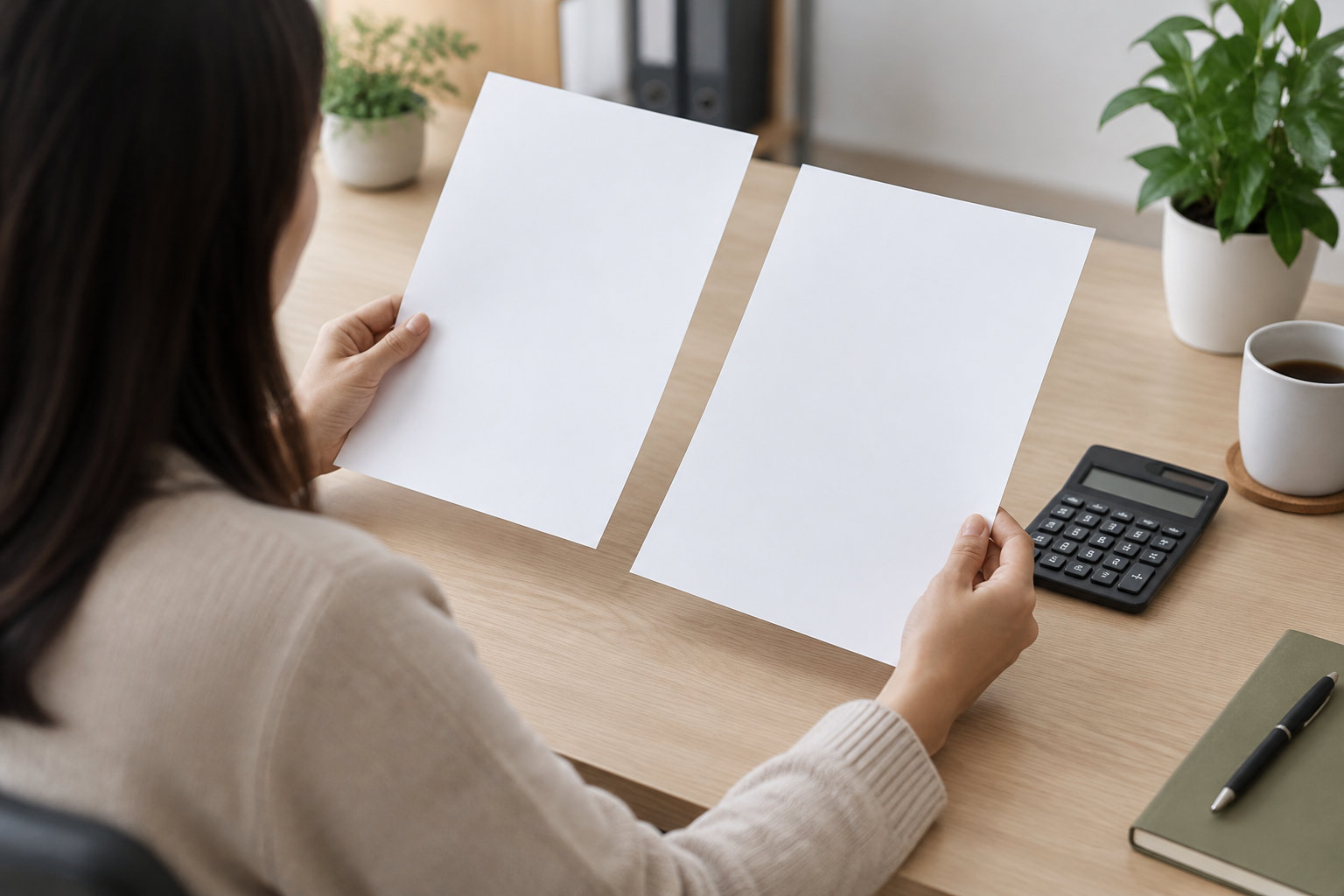 Une femme assise à un bureau tient deux feuilles blanches, près d’une calculatrice, d’un carnet et d’un stylo.