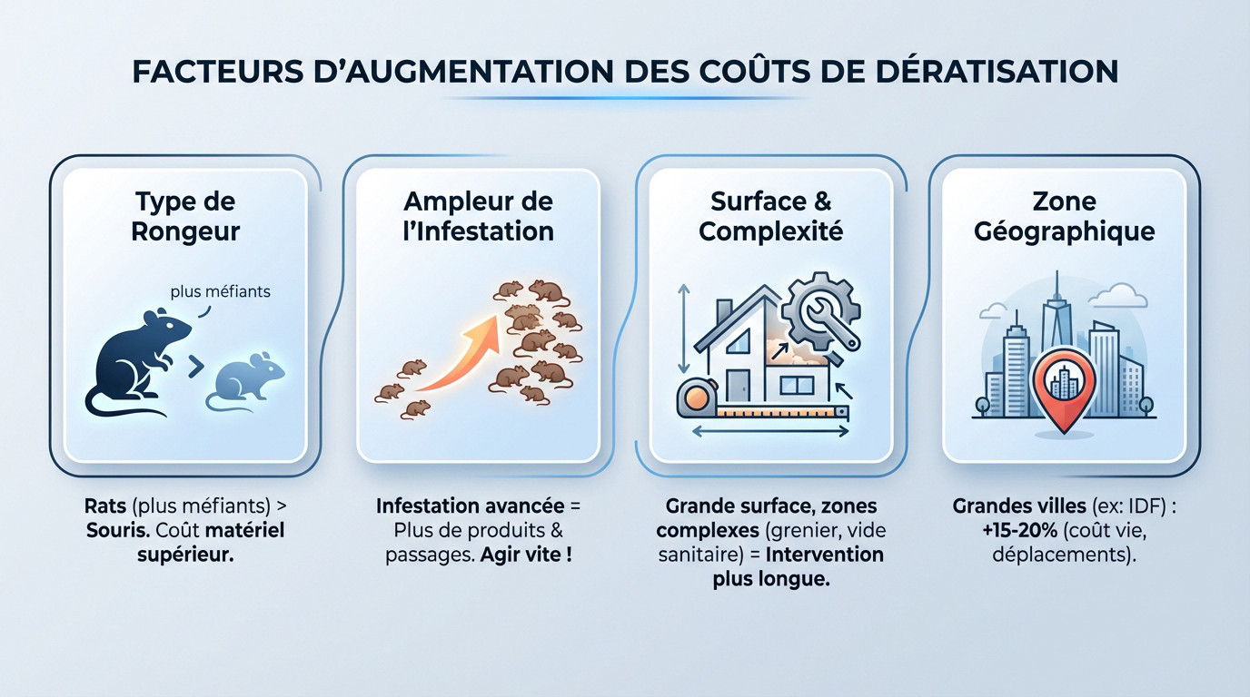 Graphique illustrant les facteurs d'augmentation des coûts de dératisation : type de rongeur, infestation et surface