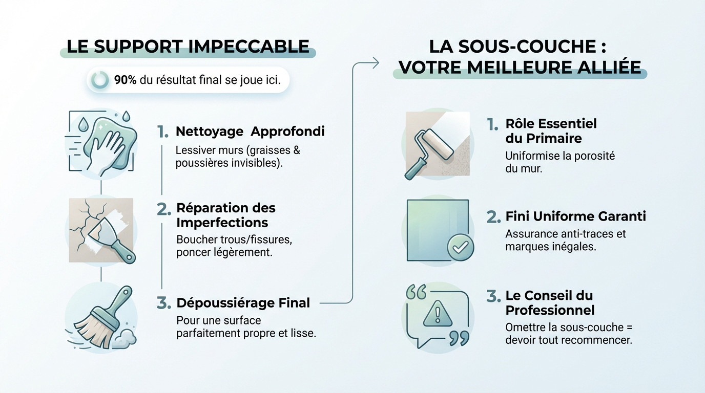 Infographie détaillant les étapes de préparation d'un mur avant peinture : nettoyage, rebouchage et ponçage