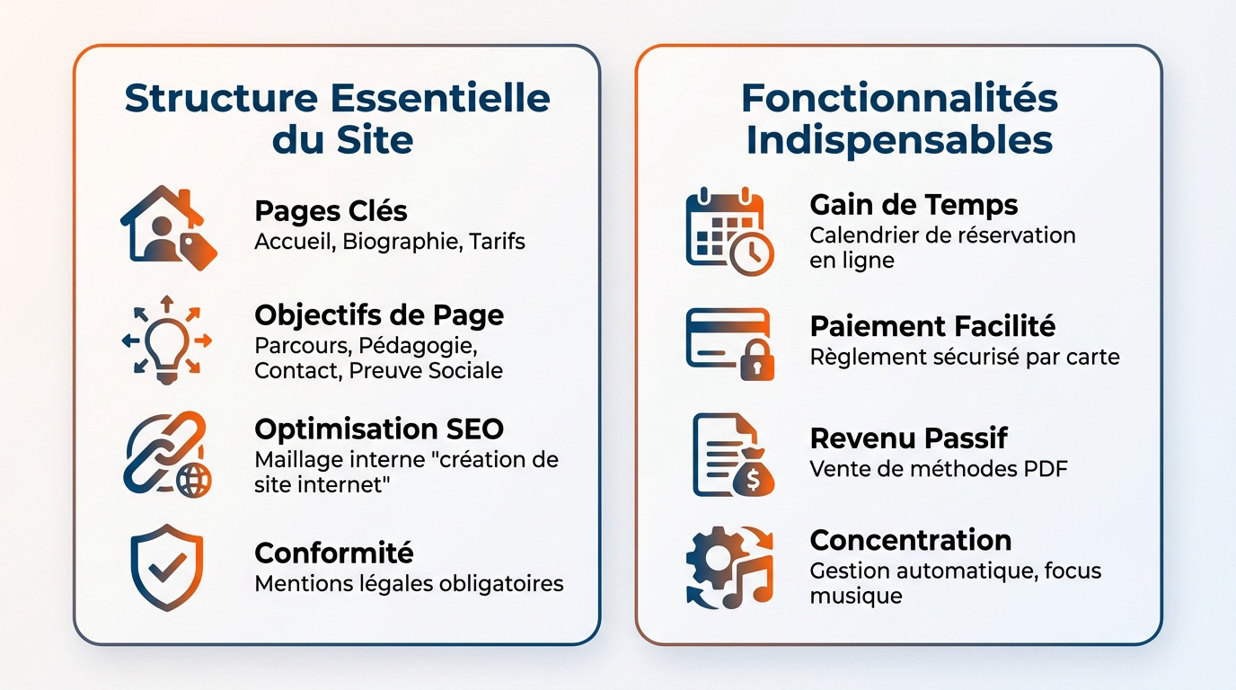 Structure site web professeur de musique fonctionnalités clés