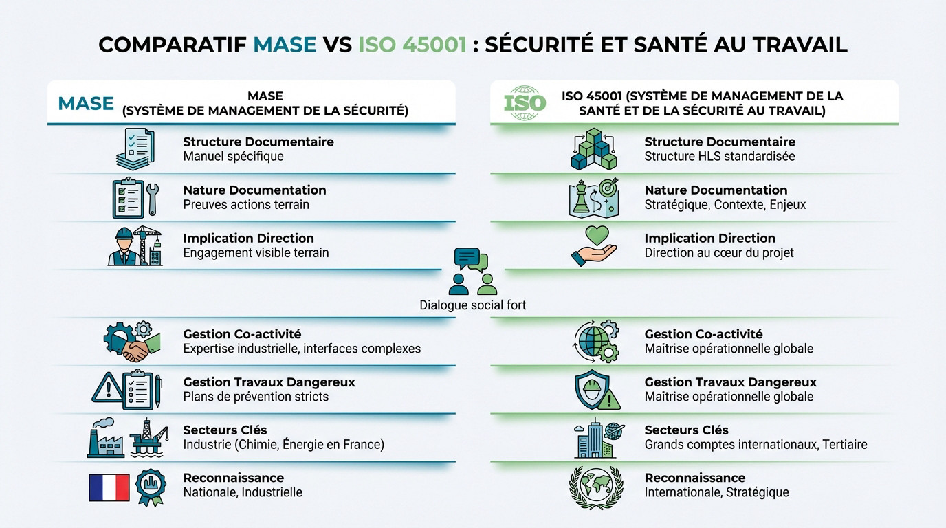 Tableau comparatif illustré entre les exigences du MASE et de la norme ISO 45001 pour la sécurité au travail