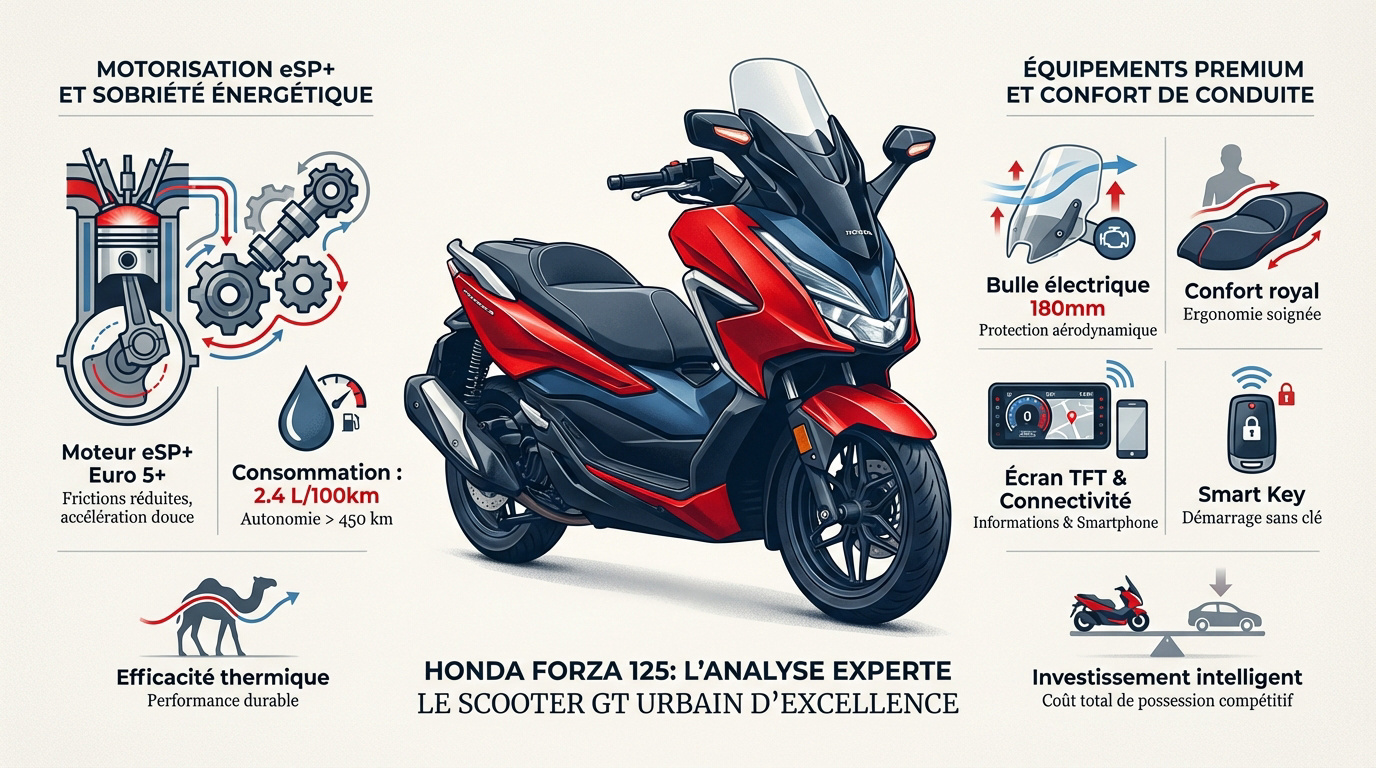 Vue détaillée du scooter Honda Forza 125 en milieu urbain