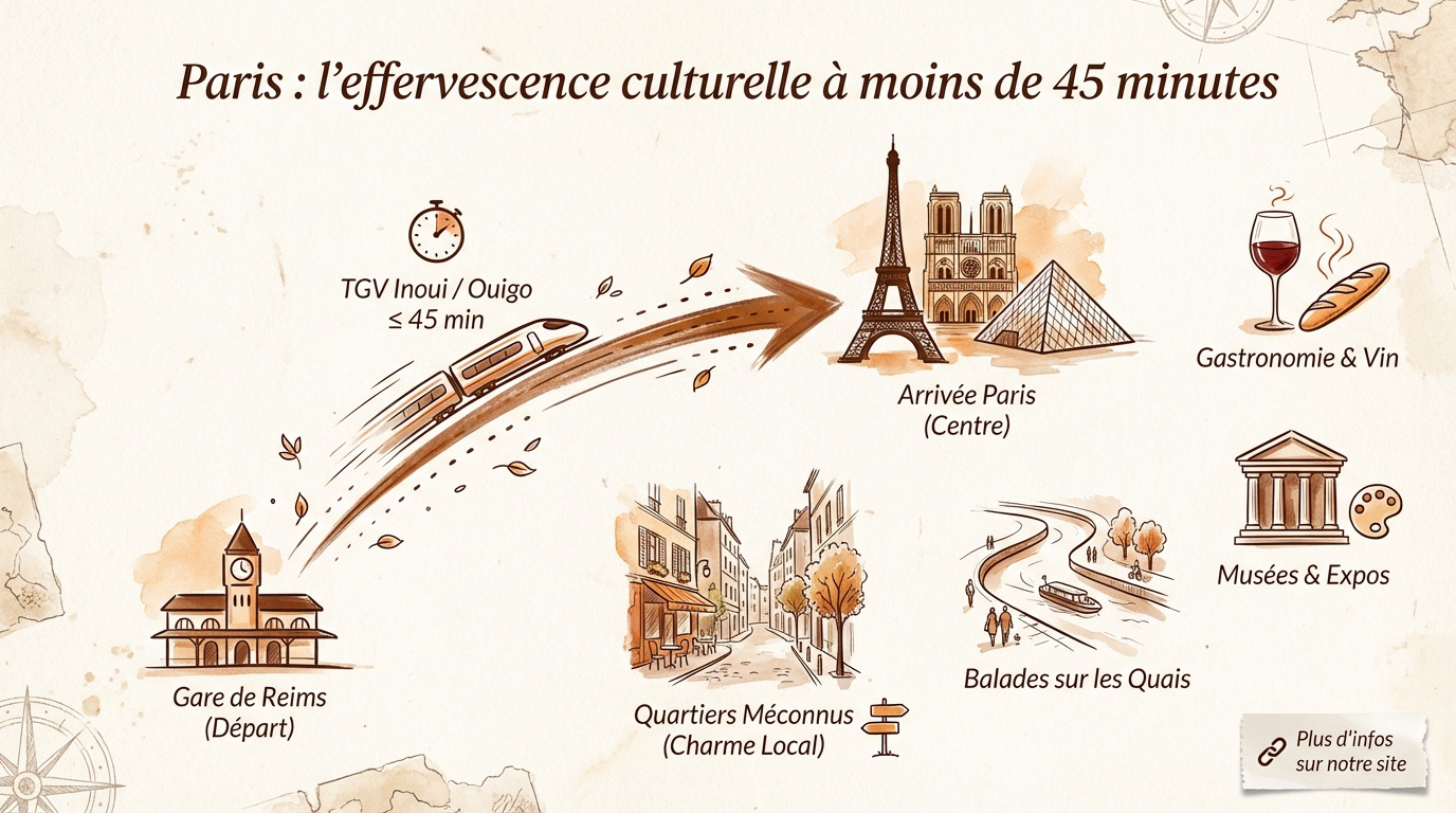 Vue aérienne de Paris avec la Seine et ses monuments historiques accessibles rapidement depuis Reims