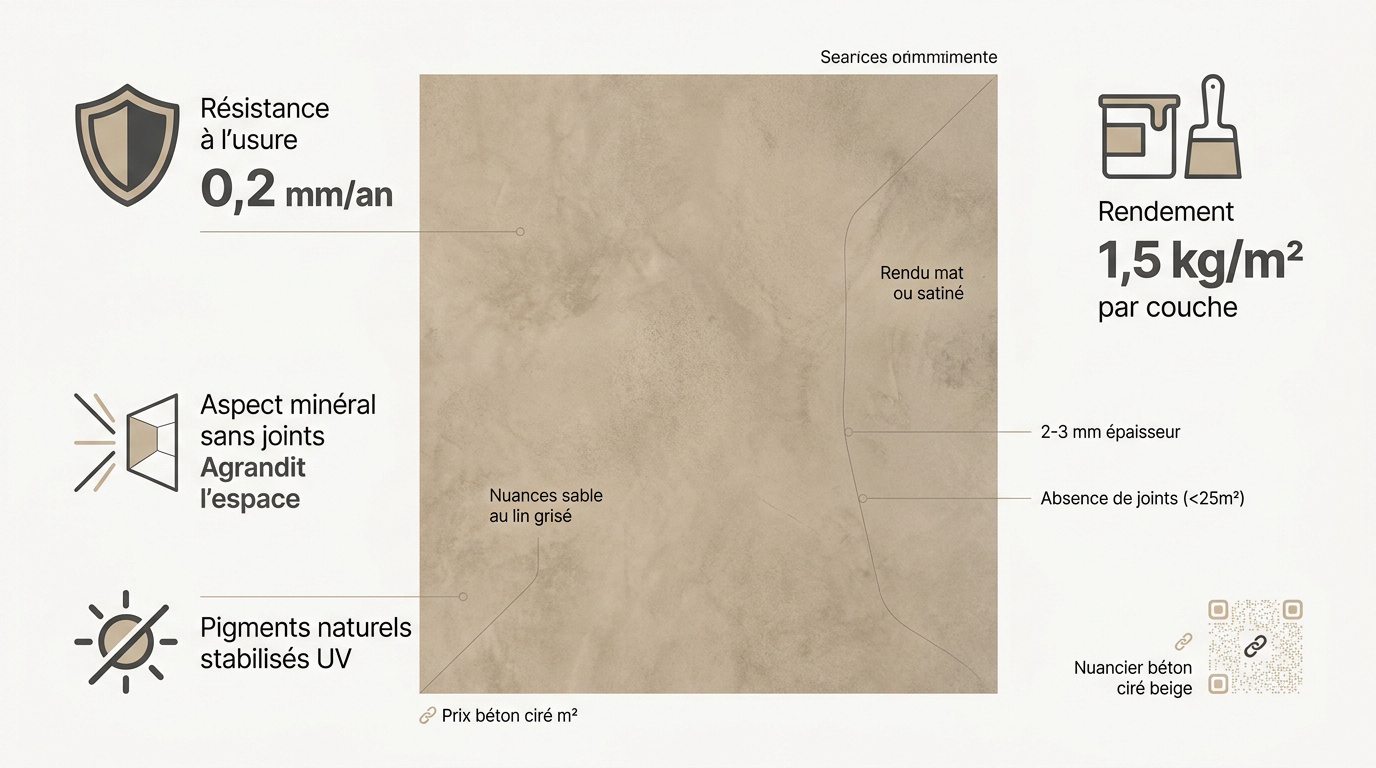 Infographie technique du béton ciré beige : épaisseur, résistance et nuances