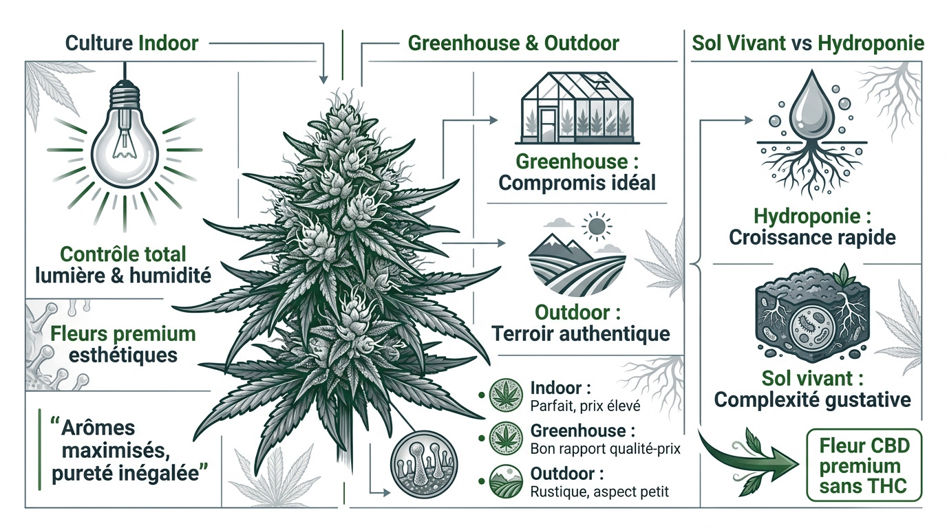 Comparaison des méthodes de culture indoor, outdoor et greenhouse pour les fleurs de CBD