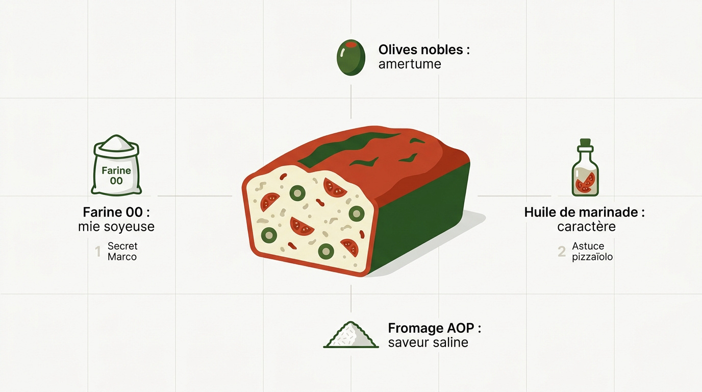 Ingrédients du cake italien : olives Taggiasche et fromage AOP