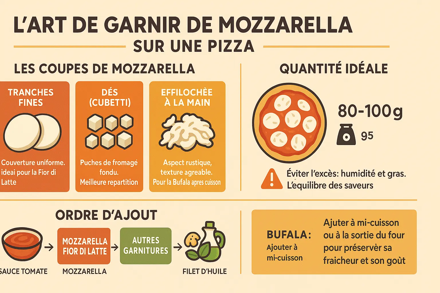 Mozzarella coupée en tranches, dés et effilochée sur une pizza
