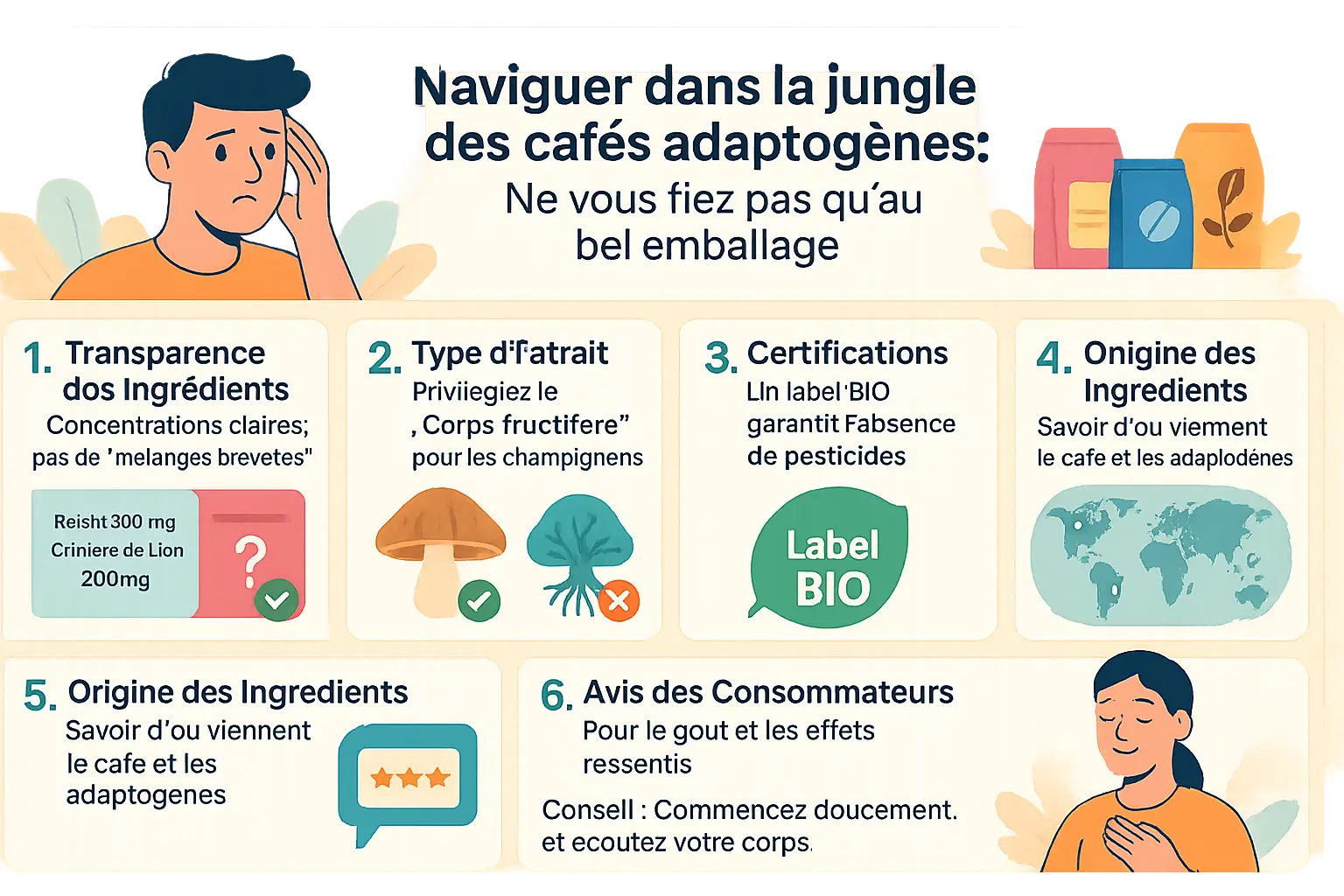 Illustration de cafés adaptogènes avec champignons et plantes
