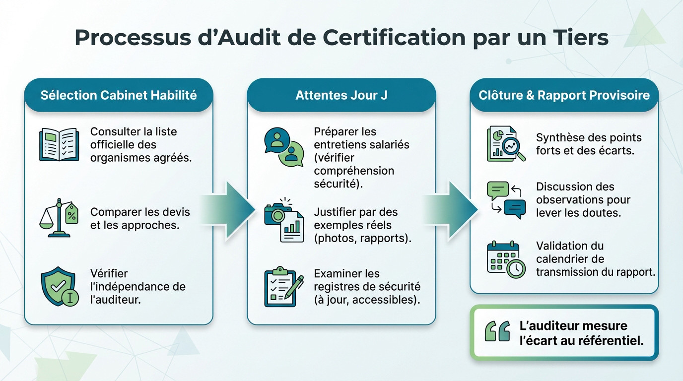 Schéma des étapes clés de l'audit de certification MASE par un organisme tiers