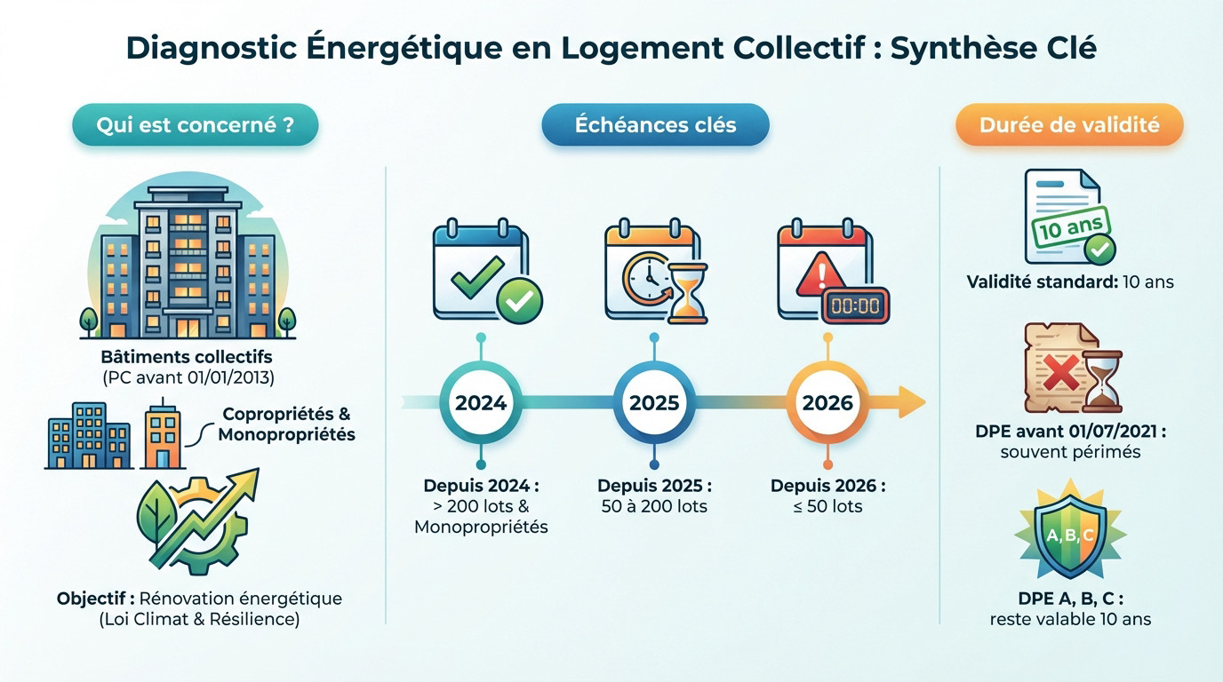 Synthèse visuelle des étapes et obligations du DPE pour un logement collectif