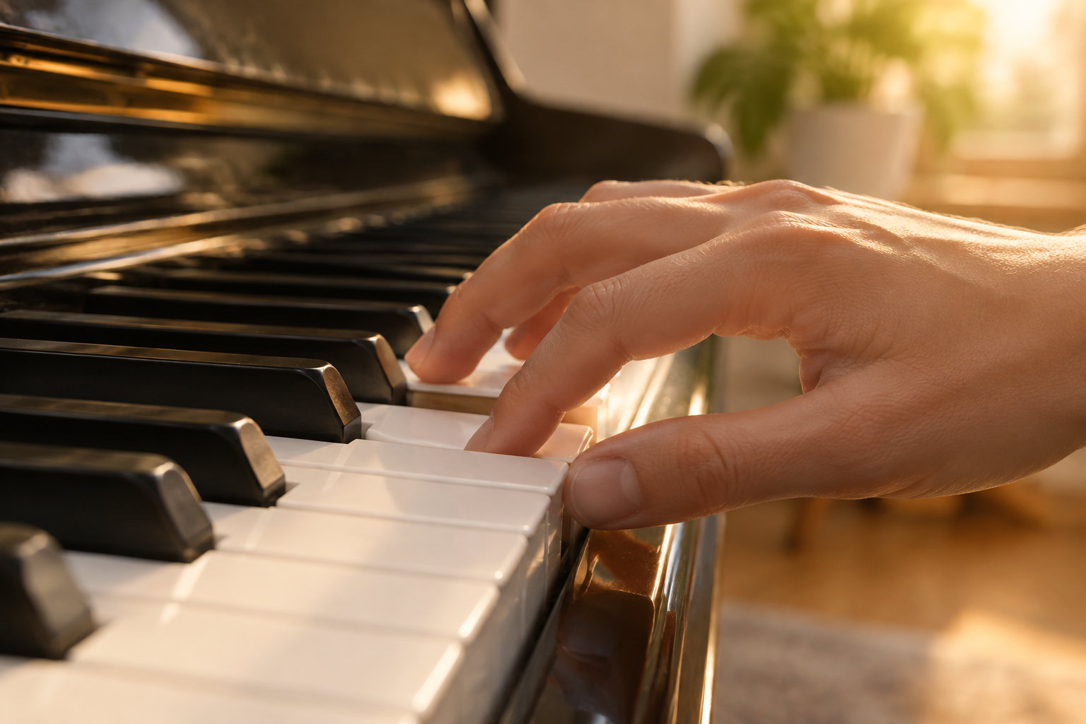 Une main joue sur les touches d’un piano dans une pièce baignée de lumière chaude.