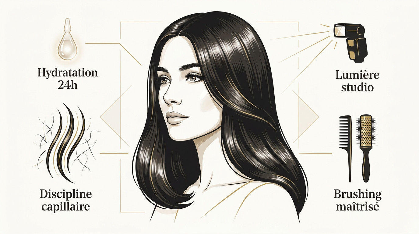 Femme aux cheveux parfaitement lisses et hydratés pour un portrait studio