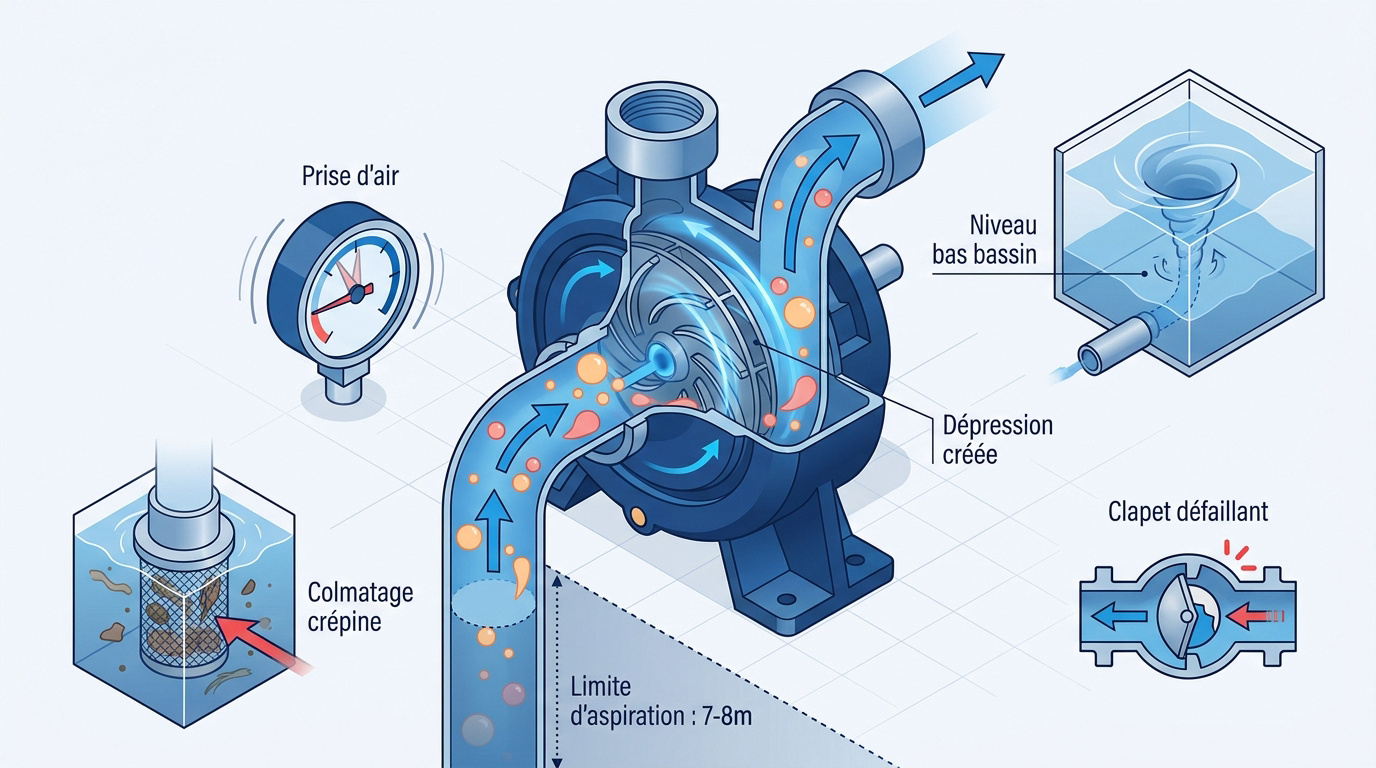 Infographie détaillant les causes fréquentes de désamorçage d'une pompe industrielle