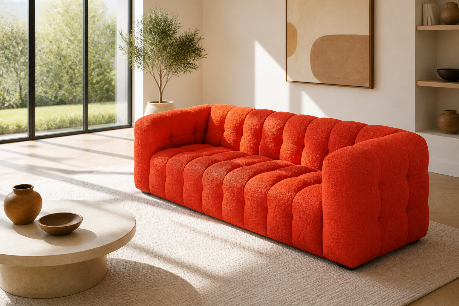 Canapé nuage LILO orange tangerine : l'audace d'un revêtement bouclé pop