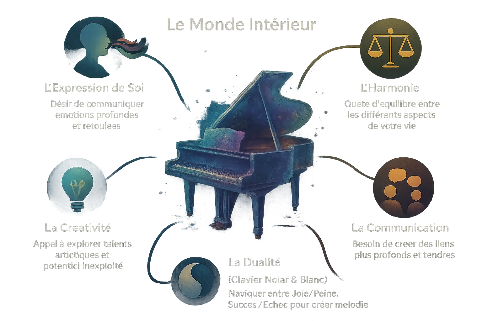 Illustration d'un piano dans un rêve, symbole d'harmonie intérieure