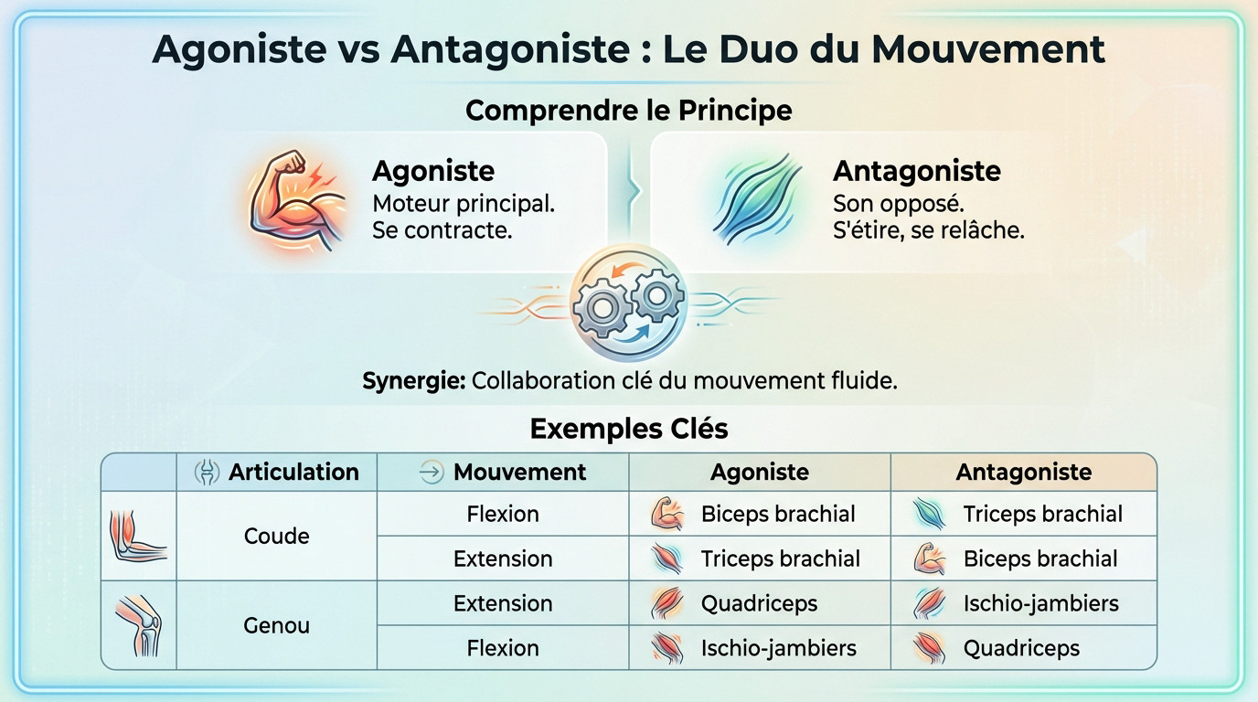 Schéma anatomique illustrant la relation mécanique entre un muscle agoniste et son antagoniste