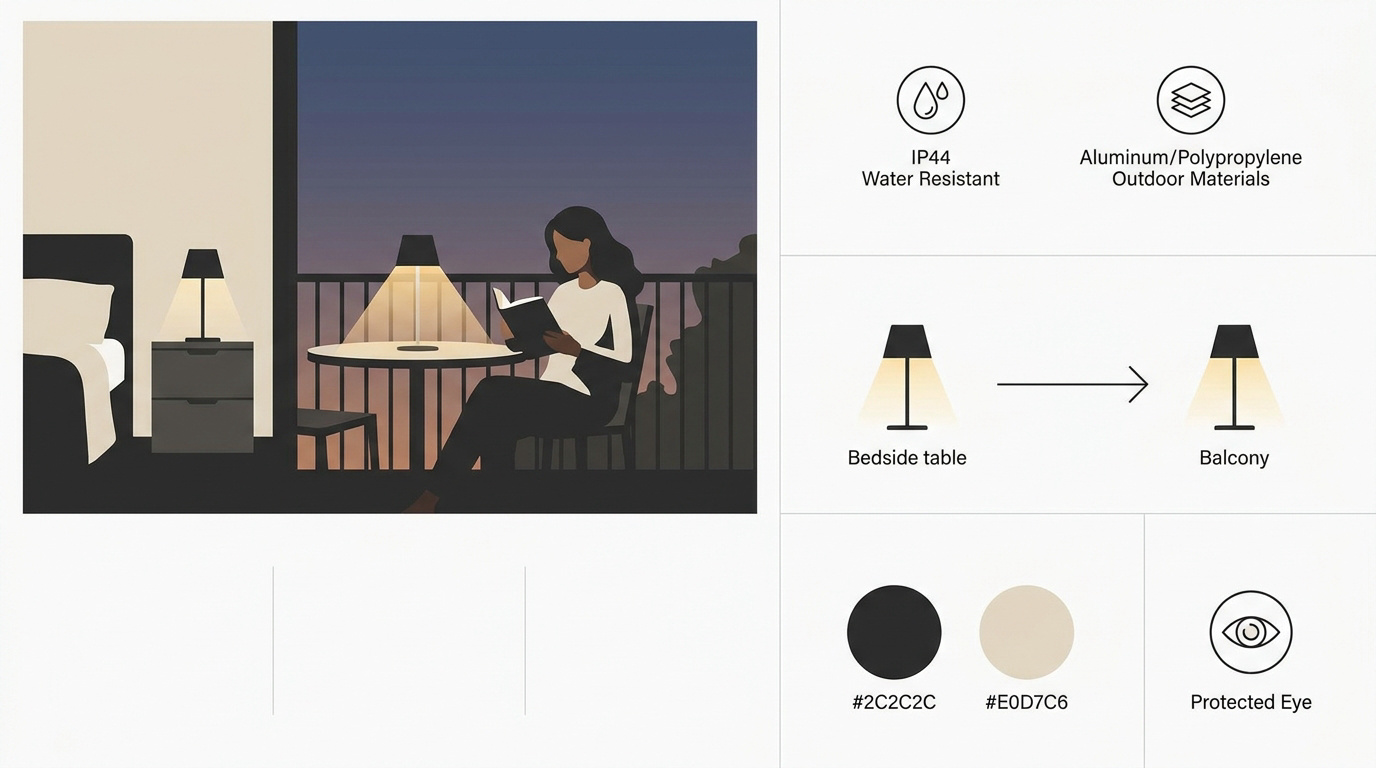 Lampe de chevet sans fil design utilisée pour la lecture en intérieur et sur une terrasse extérieure