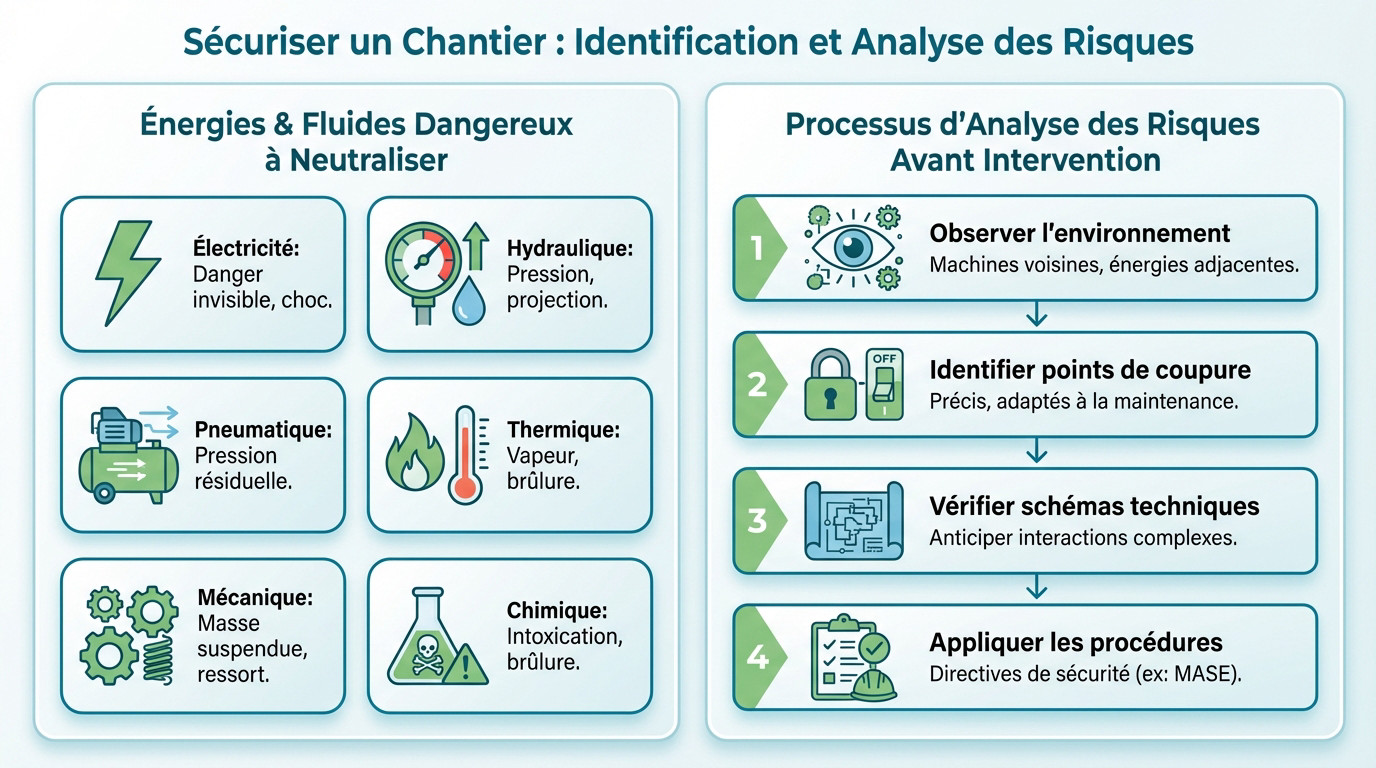 Technicien réalisant une analyse des risques avant consignation sur site industriel