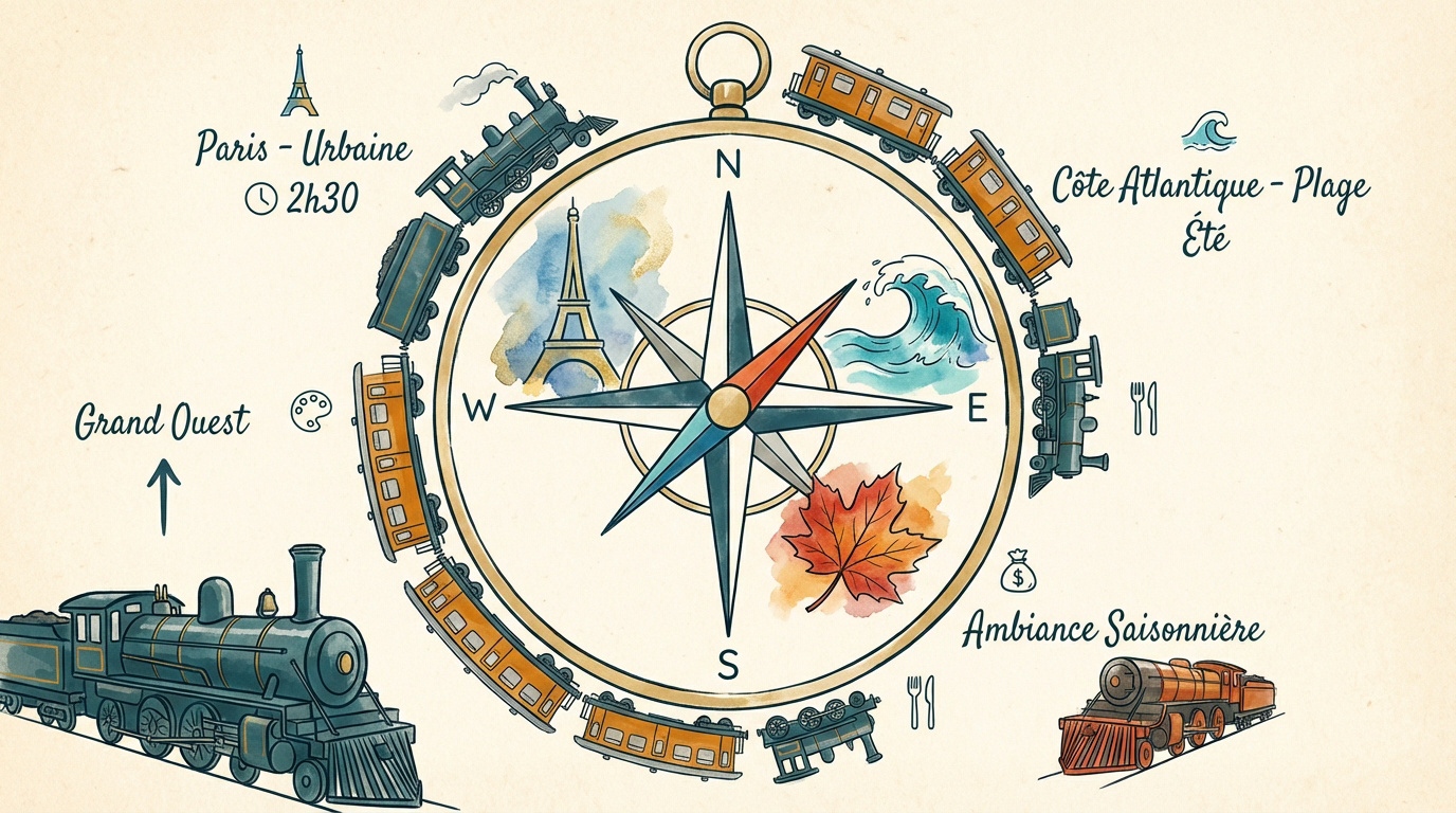 Boussole indiquant les directions des voyages en train depuis La Rochelle