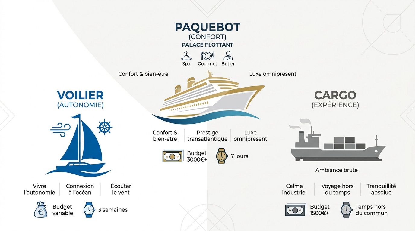 Comparaison des modes de transport pour une traversée transatlantique entre voilier, cargo et paquebot
