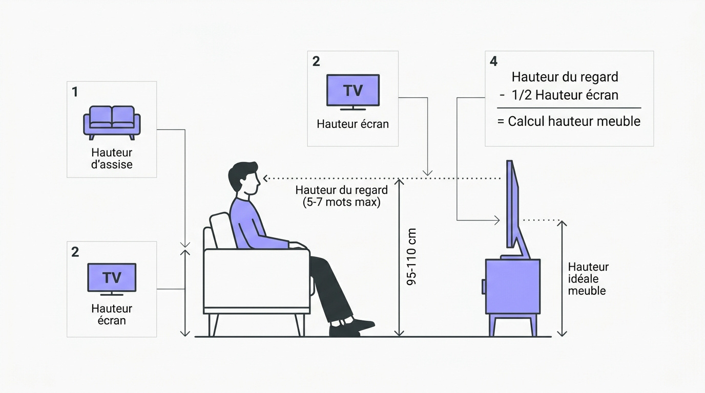 Schéma explicatif pour calculer la hauteur idéale d'un meuble TV selon la ligne de regard