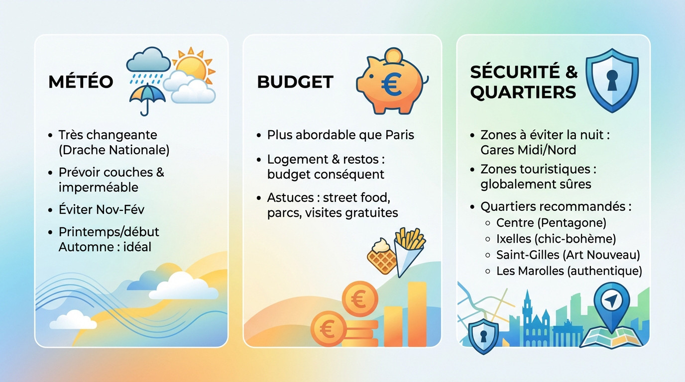 Vue panoramique de Bruxelles sous un ciel changeant, illustrant la météo, le budget et la sécurité pour préparer son voyage