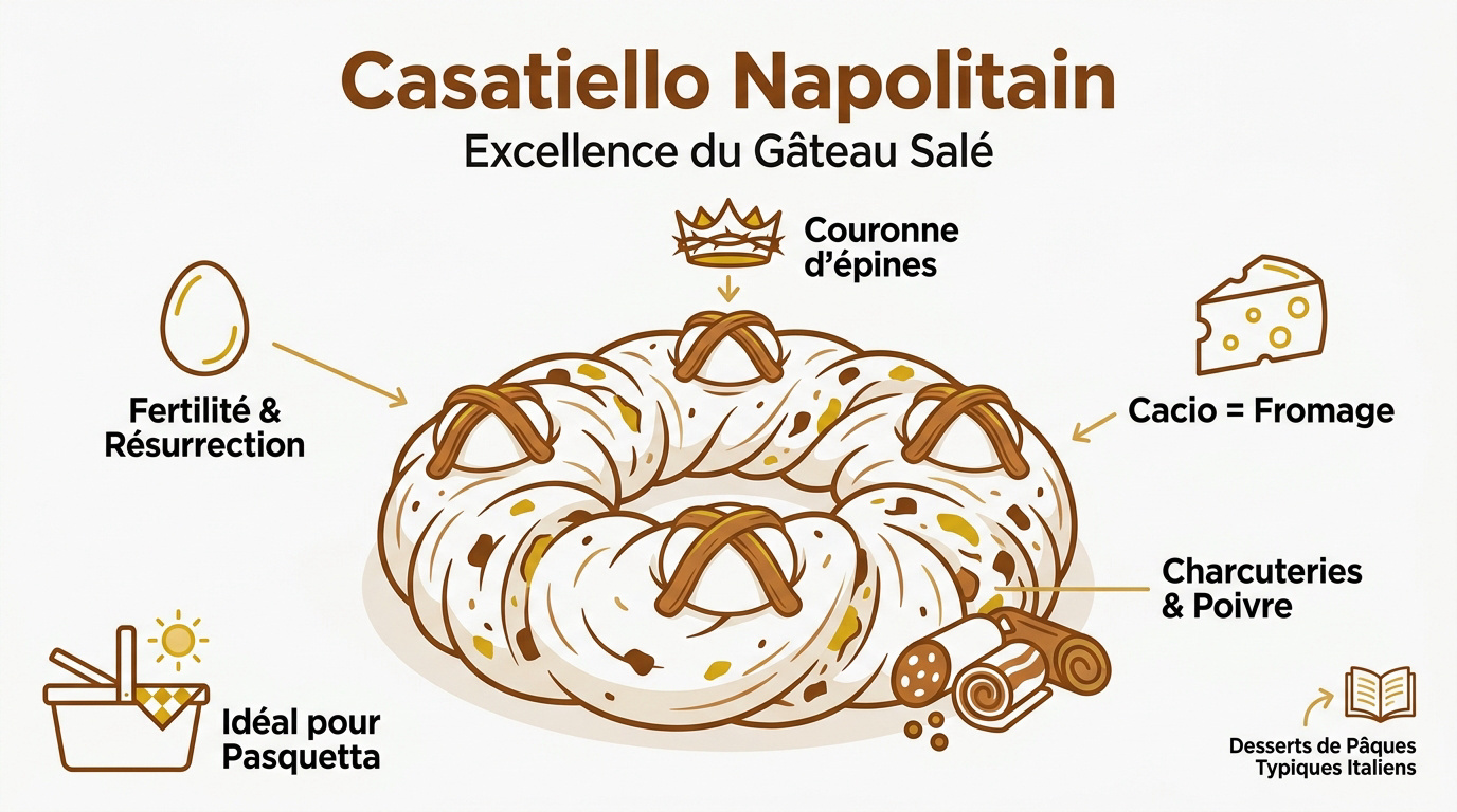 Casatiello napolitain traditionnel avec ses œufs entiers fixés par des croix de pâte