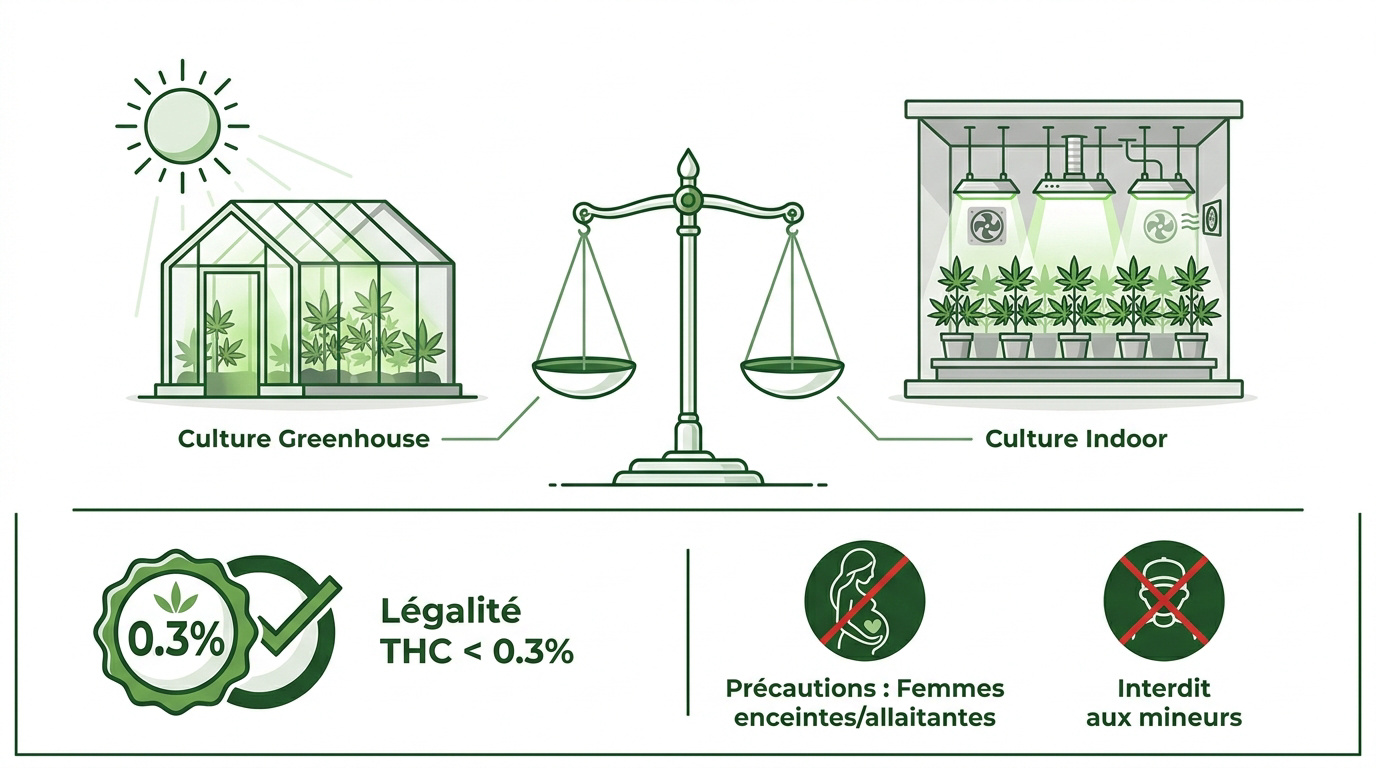 Culture de fleurs de White Widow CBD en environnement contrôlé conforme à la législation française