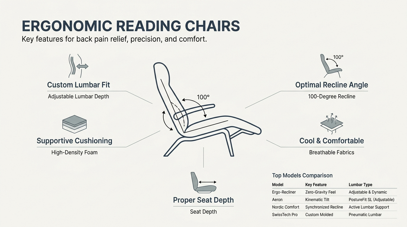 Ergonomic reading chair features showing lumbar support and seat depth adjustments for back pain relief