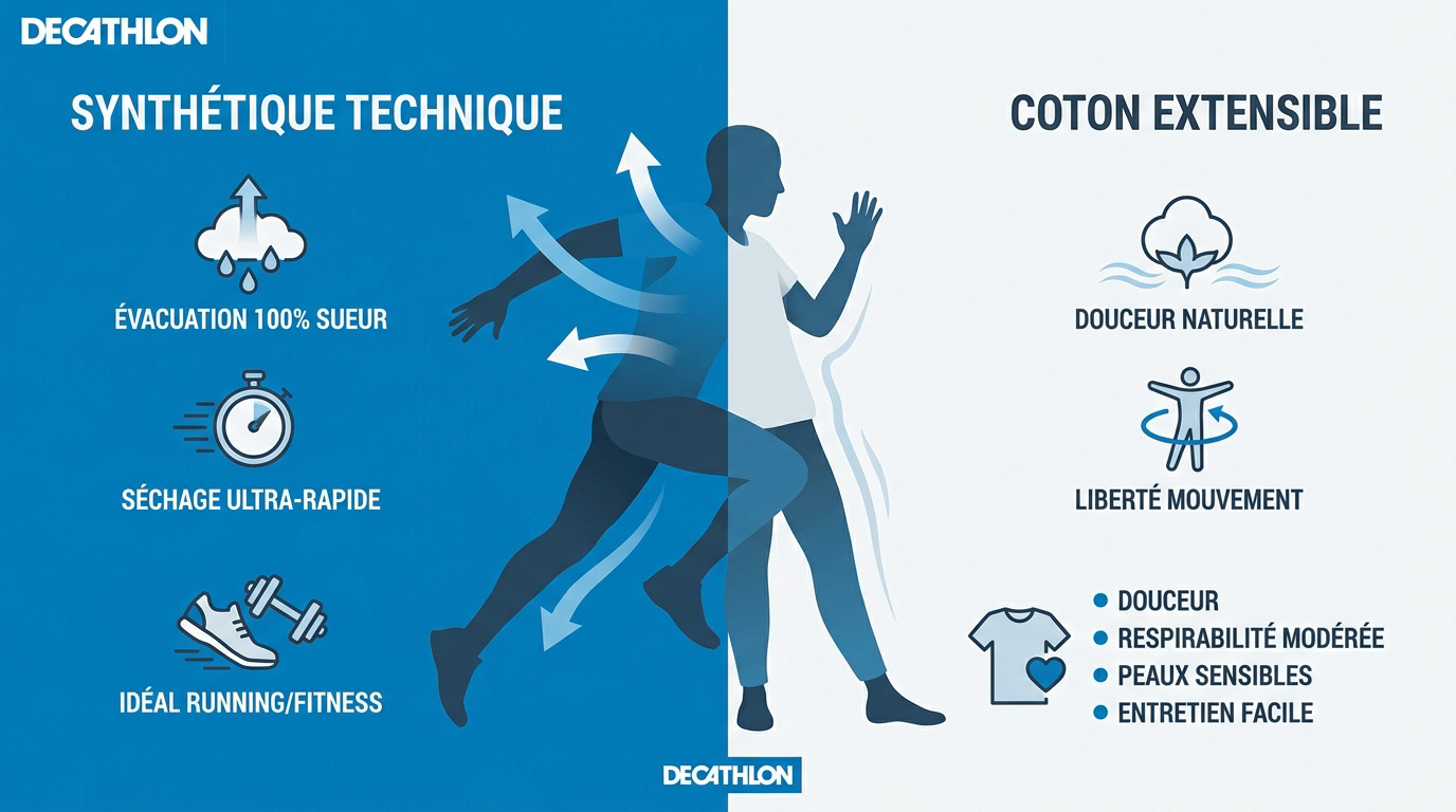 Comparaison technique entre tee-shirt Decathlon en synthétique et en coton