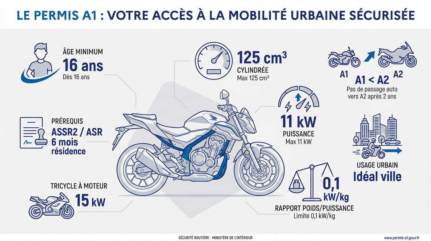 Jeune conducteur sur une moto 125 cm3 en milieu urbain