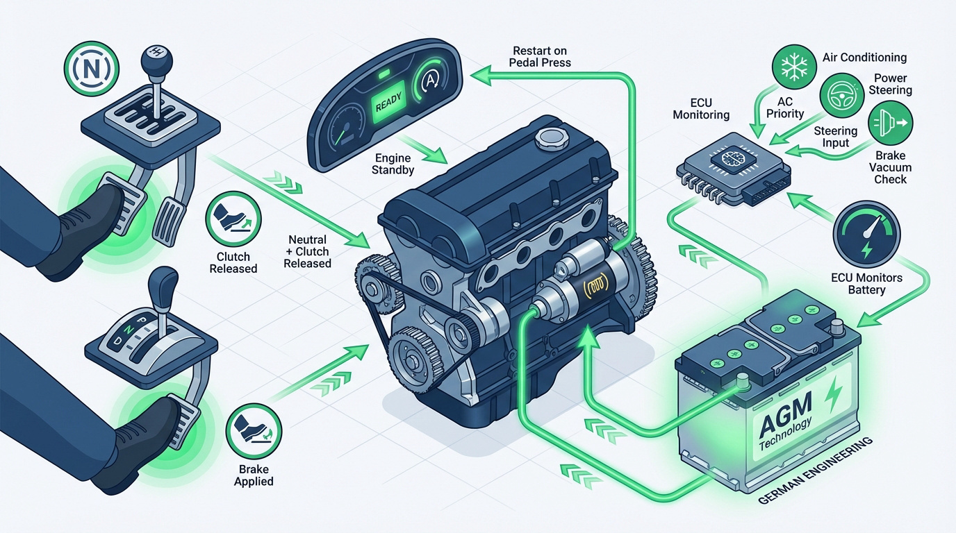 Technical diagram of a modern vehicle automatic start-stop system components