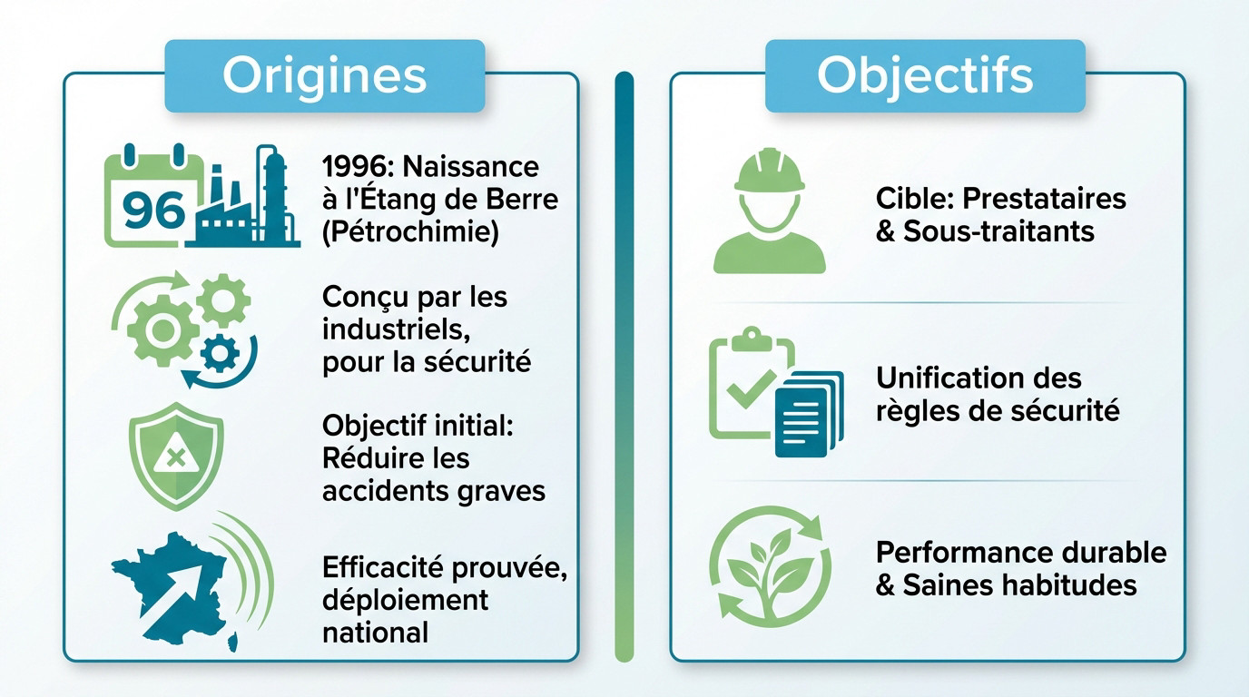 Infographie illustrant les origines industrielles et les objectifs de sécurité du système MASE