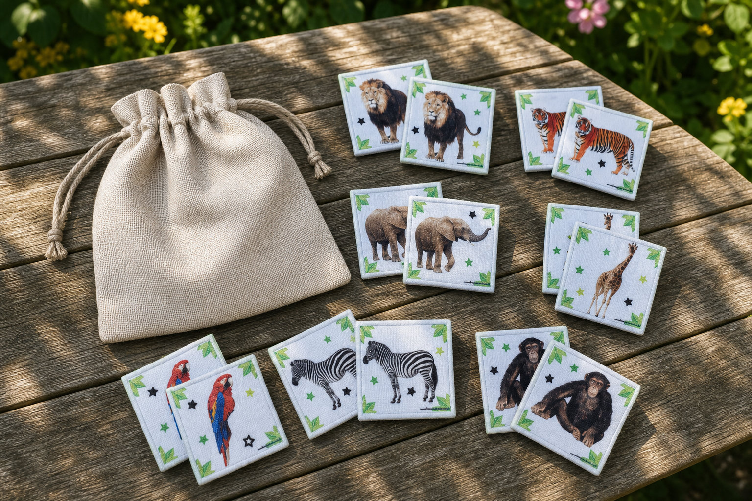Jeu Memory Enfant en Tissu Animaux de la Jungle : couleurs et contrastes