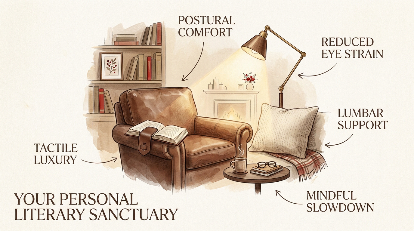 Cozy reading nook with a leather chair and soft lighting for Valentine's Day