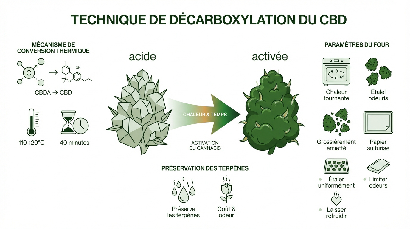 Infographie expliquant les étapes de la décarboxylation du CBD au four