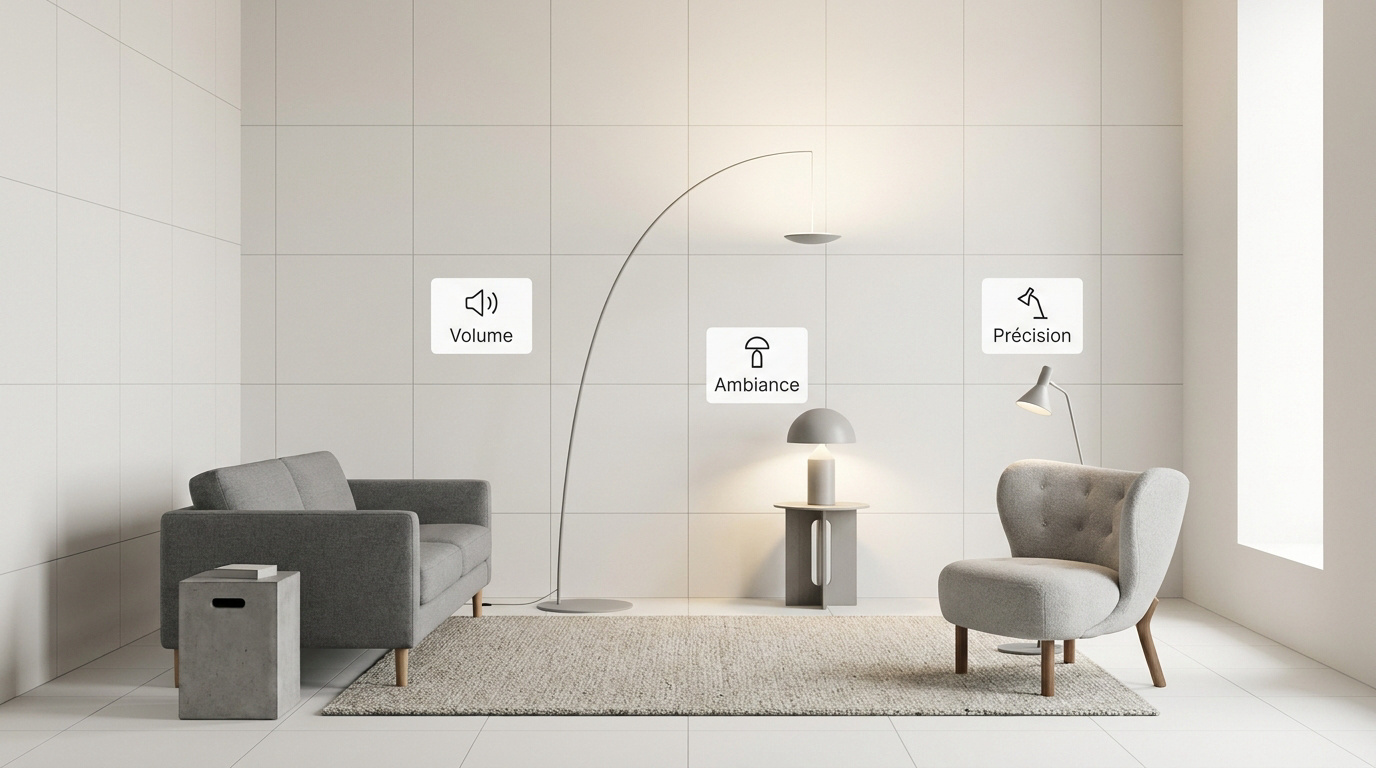 Ambiance de salon scandinave avec un éclairage chaleureux et une liseuse de précision