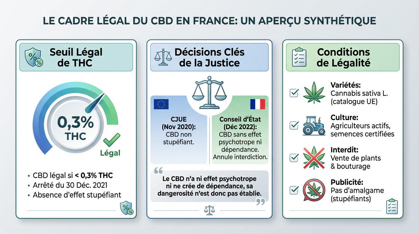Schéma explicatif du cadre légal du CBD en France et des seuils de THC autorisés