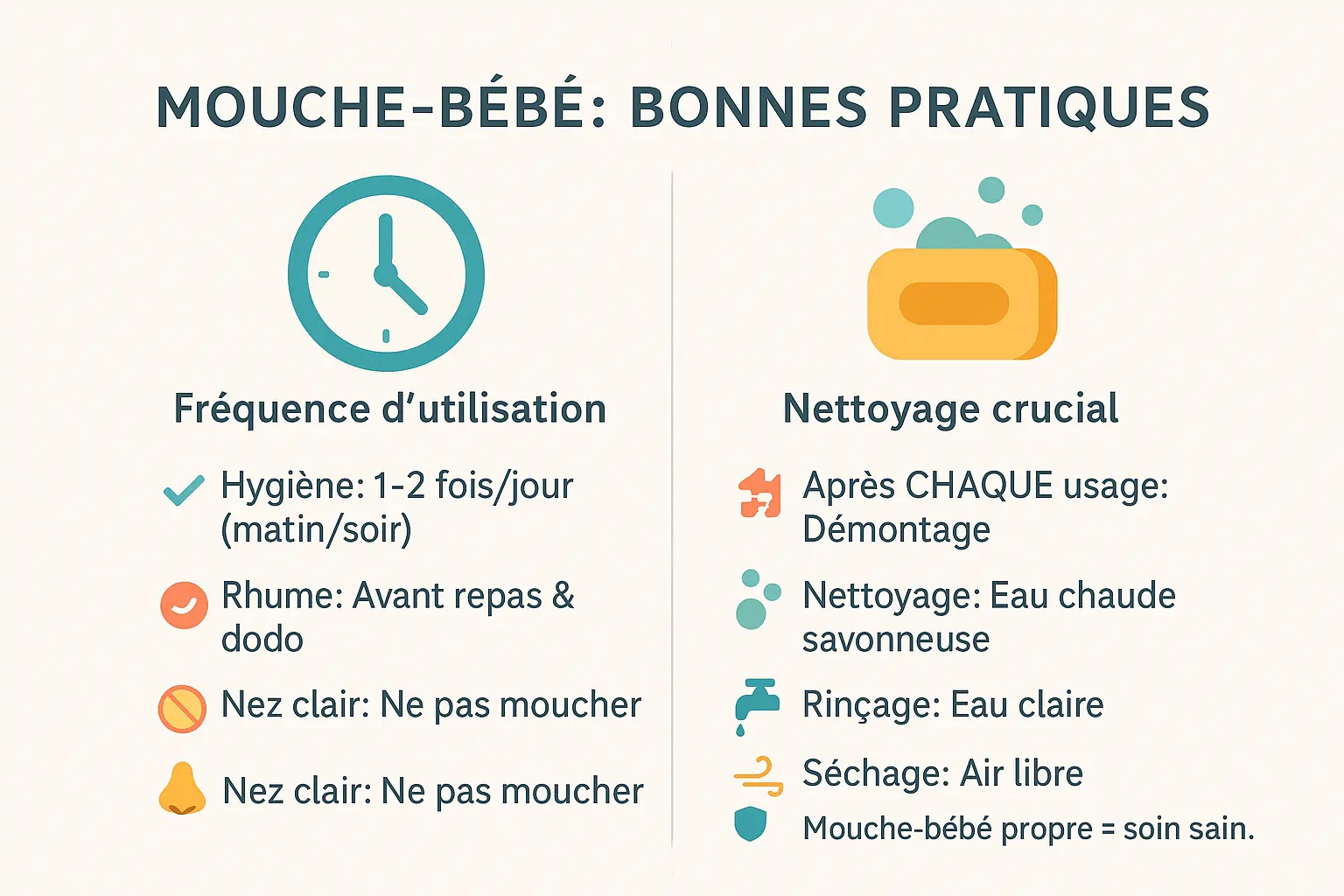 Illustration des bonnes pratiques d'utilisation d'un mouche-bébé, montrant un nettoyage minutieux et une utilisation équilibrée