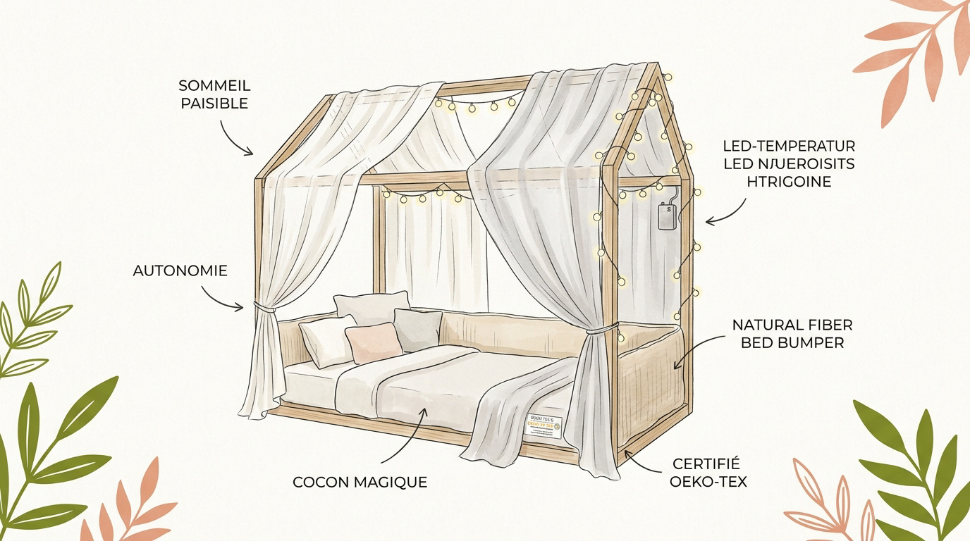 Décoration d'un lit cabane en bois avec voilages blancs et guirlandes lumineuses douces dans une chambre d'enfant