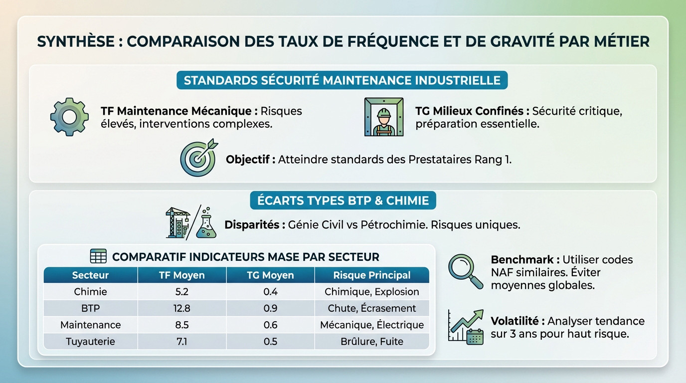 Graphique comparatif des taux de fréquence et de gravité par secteur d'activité pour le benchmark MASE