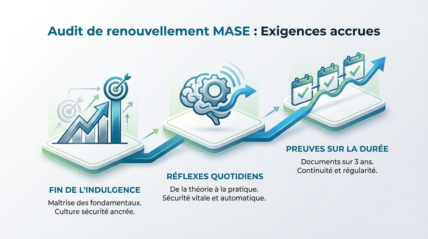 Auditeur vérifiant les documents lors d'un audit de renouvellement MASE