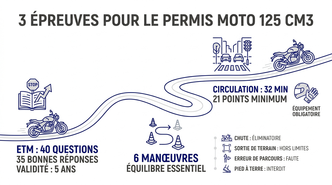 Les trois étapes de l'examen du permis moto A1
