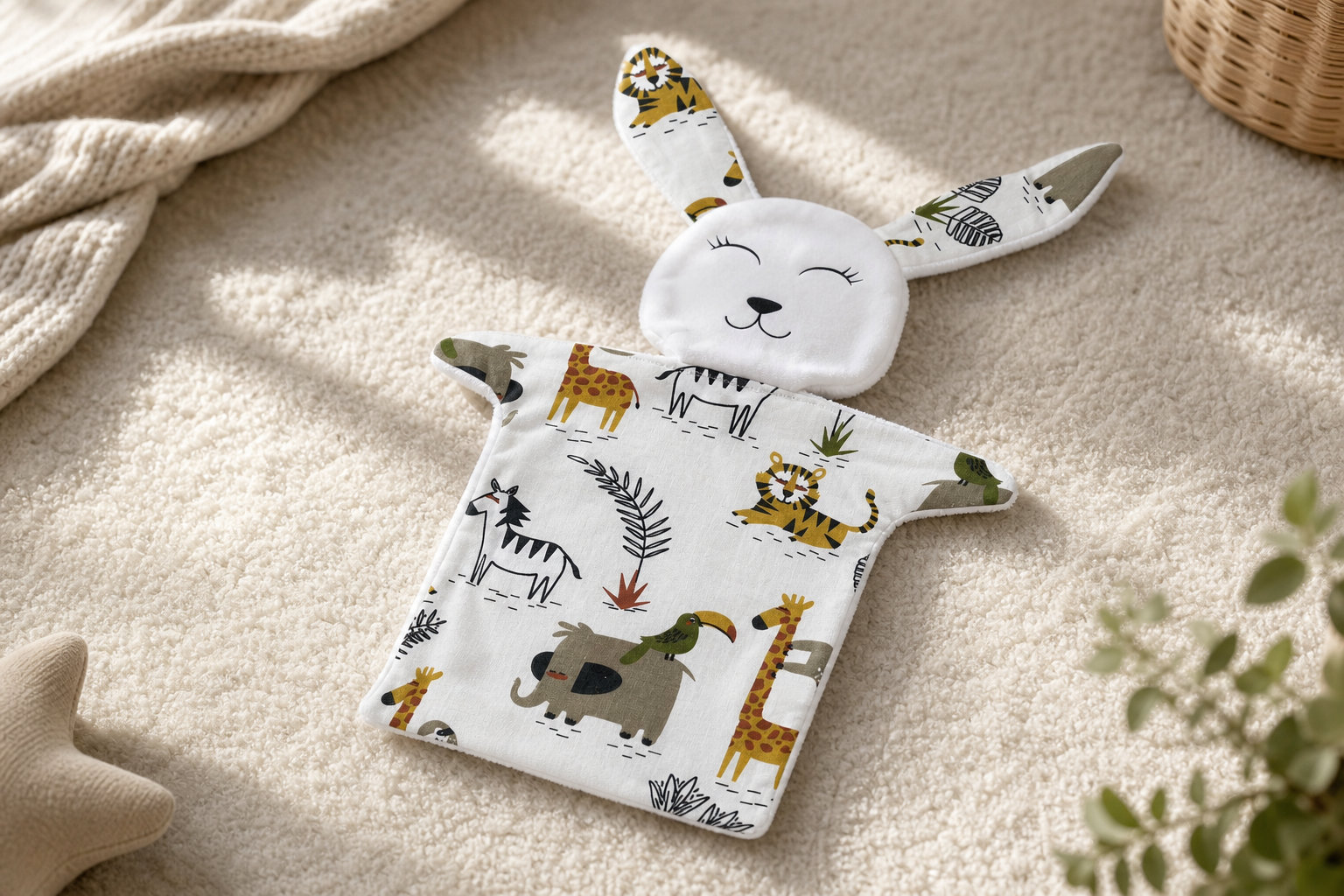 Doudou Lapin en tissu aux motifs animaux de la savane