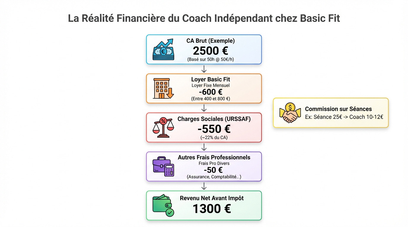 Graphique montrant la répartition des charges et le revenu net d'un coach sportif indépendant chez Basic Fit