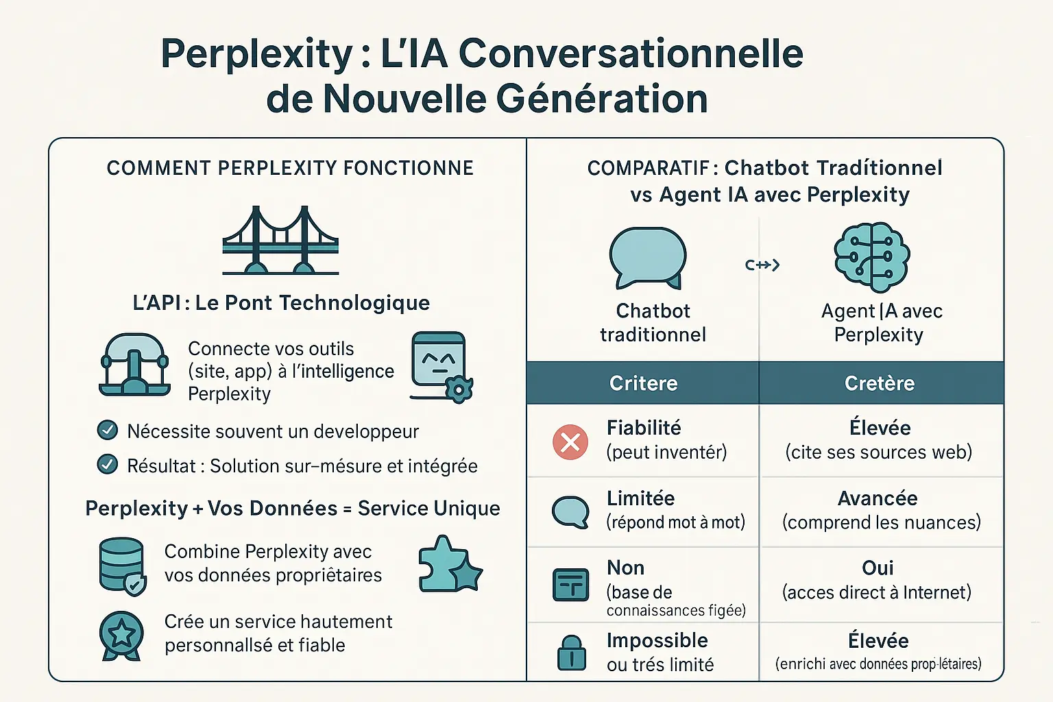 Illustration <strong>Perplexity API conciergerie</strong>« ></p>
<p>Vous souhaitez intégrer Perplexity à votre service de conciergerie ? La solution passe par <strong>une intégration via API</strong>. Imaginez cette API comme un pont entre votre plateforme et l&rsquo;intelligence de Perplexity. Cela permet à vos outils (site web, application de messagerie) d&rsquo;interagir avec l&rsquo;IA pour traiter des demandes complexes.</p>
<p>Prenez l&rsquo;exemple d&rsquo;OpenTable. Grâce aux API de Perplexity, la plateforme enrichit ses fiches restaurants avec des données en temps réel. Vous pouvez adapter ce principe pour vos services : réservation de prestataires, informations touristiques ou support client. Bien que l&rsquo;utilisation d&rsquo;un développeur soit souvent nécessaire, le résultat est une <strong>solution sur-mesure, parfaitement alignée avec vos besoins</strong>.</p>
<h3 id=