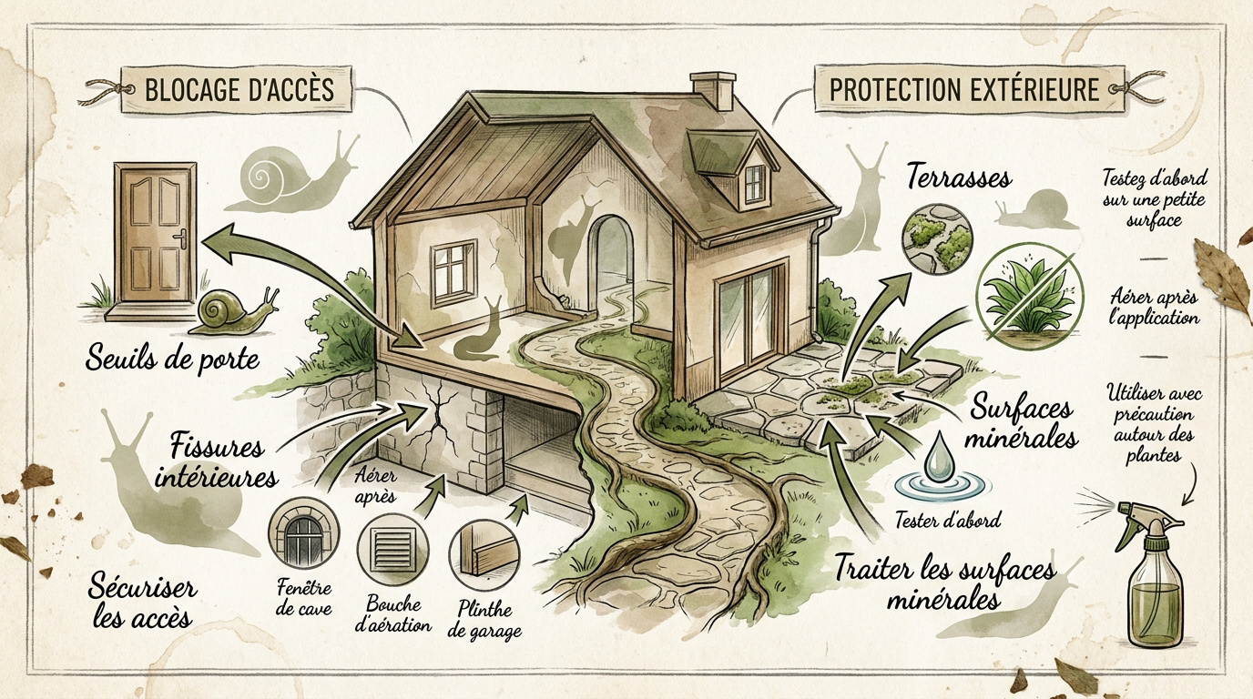 Infographie expliquant le traitement écologique des accès extérieurs avec du vinaigre blanc contre les limaces
