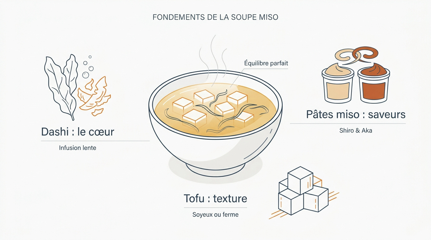 Ingrédients traditionnels pour une soupe miso authentique avec dashi et algues